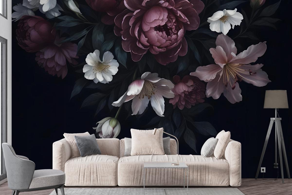 Dark Floral Claret Peony Floral Wallpaper Mural