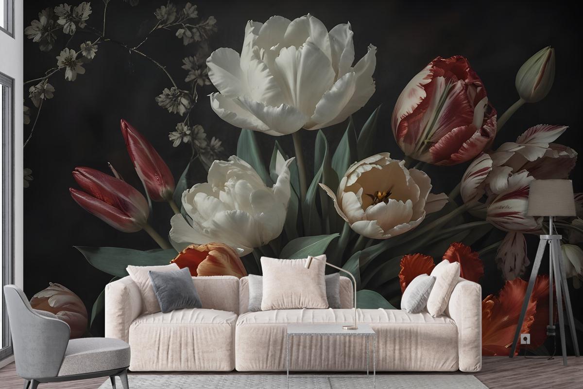 Dark Floral Dutch Bouquet With Tulips Wallpaper Mural