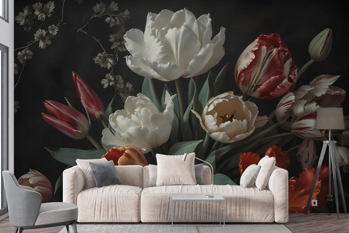 Dark Floral Dutch Bouquet With Tulips Wallpaper Mural