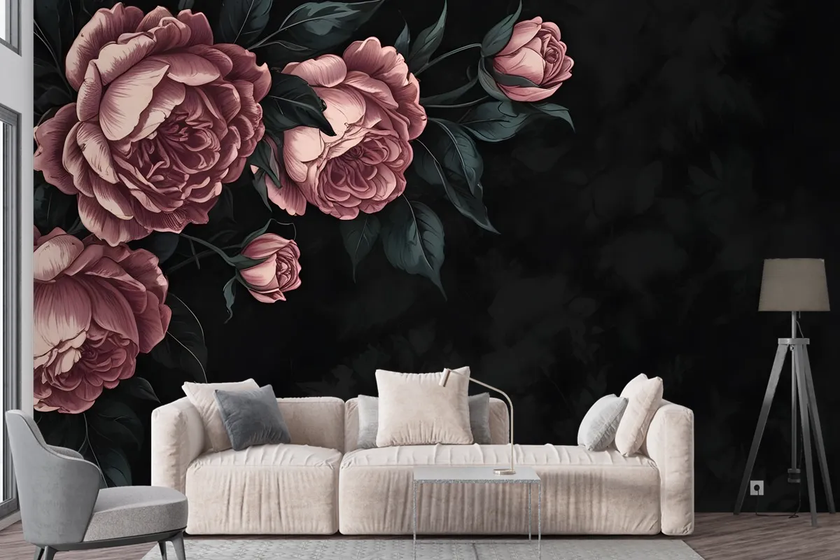 Dark Floral Peony Flower Drawing Wallpaper Mural