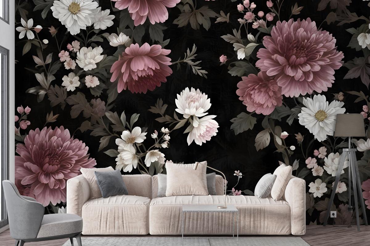 Dark Floral With Pink Chrysanthemum Wallpaper Mural