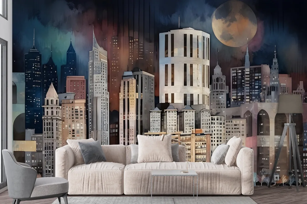 Dark Mosaic City Landscape Wallpaper Mural