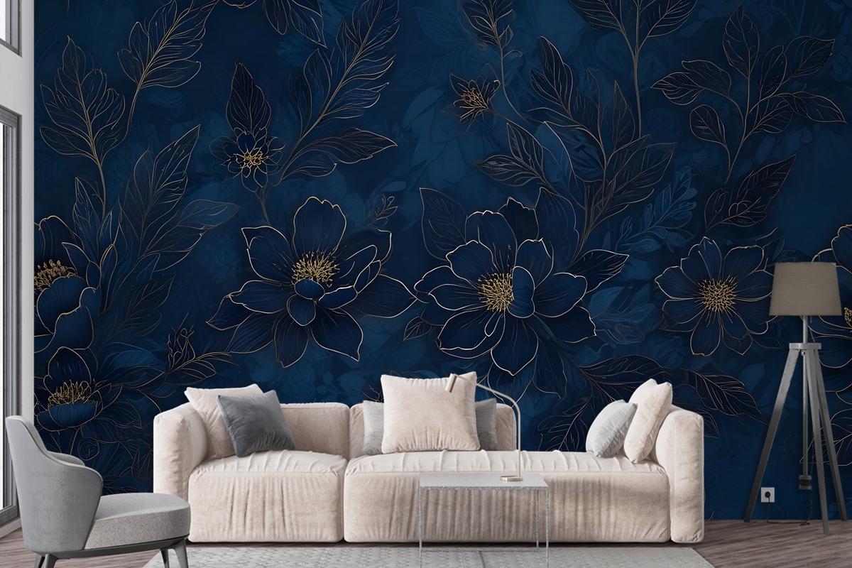 Dark Navy Peony Floral Drawing Art Wallpaper Mural