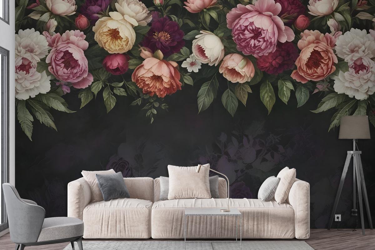 Dark Vine Floral And Peony Blossom Wallpaper Mural