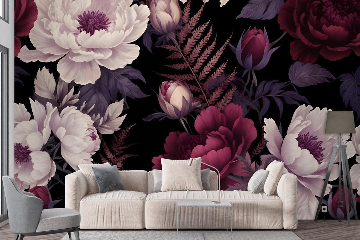 Dark Watercolor Colorful Peony Floral Wallpaper Mural