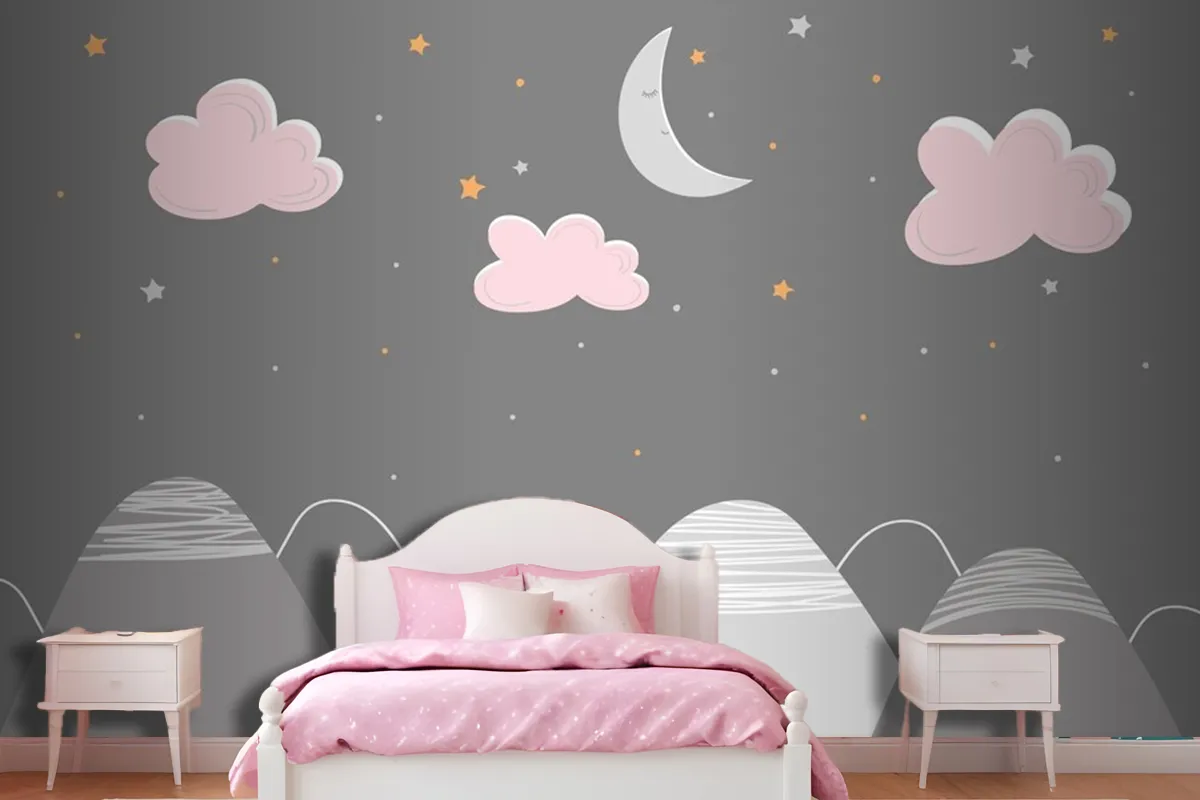 Decor In Scandinavian Style With Mountain Landscape Clouds And Sleeping Moon Wallpaper Mural