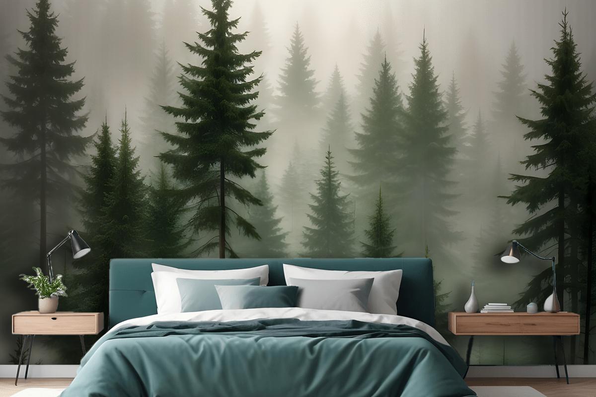 Dense Forest Of Tall Evergreen Trees In A Misty Foggy Environment Wallpaper Mural