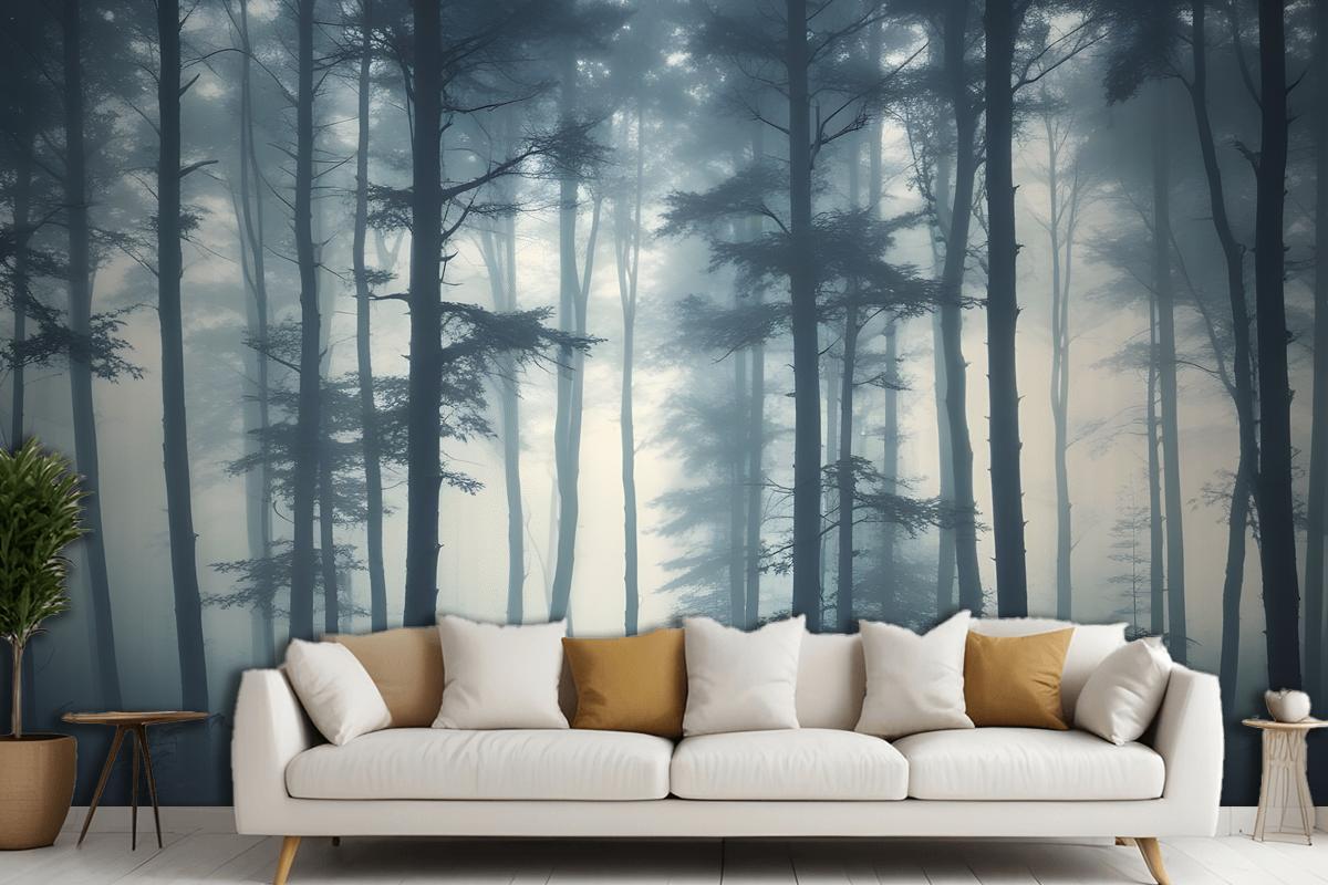 Dense Misty Forest With Tall Slender Trees And A Foggy Atmosphere Wallpaper Mural