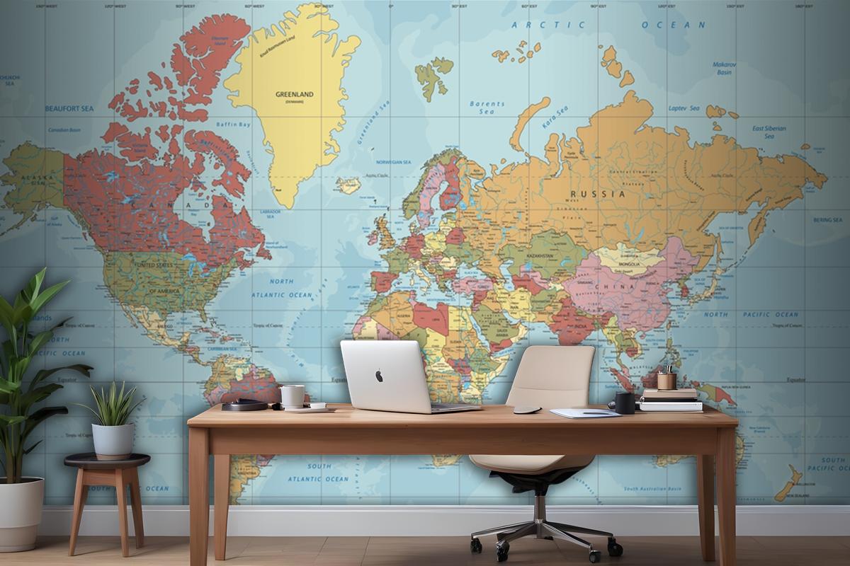 Detailed Political World Map In Mercator Projection Wallpaper Mural