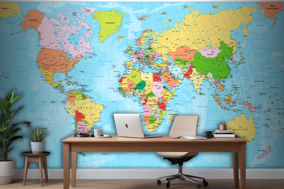 Detailed Political World Map With Capitals Wallpaper Mural