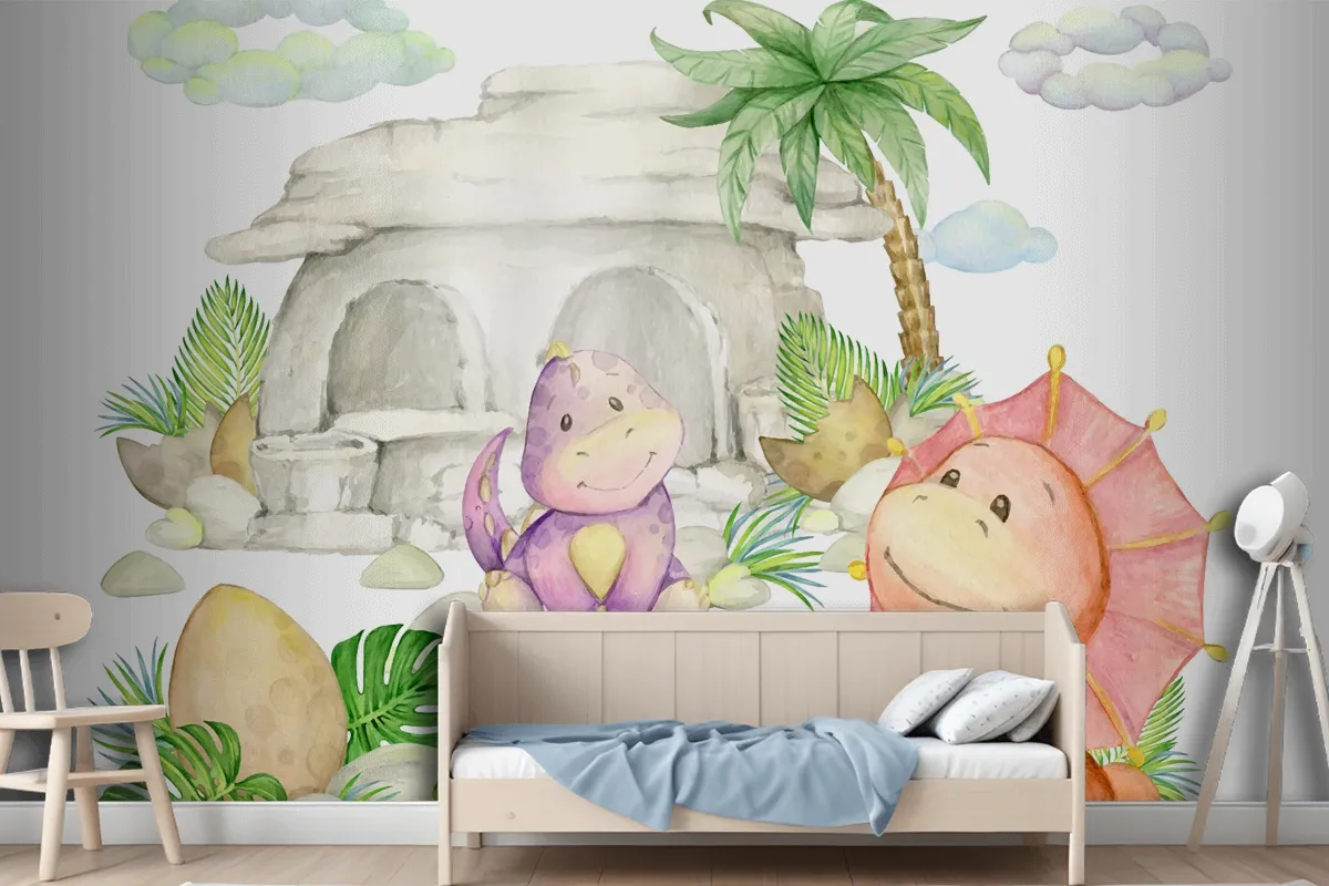 Dinosaurs A Stone House A Palm Tree Wallpaper Mural