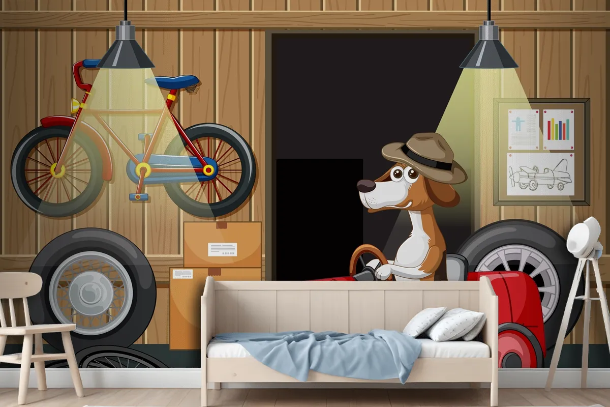 Dog Driving Car In Garage Wallpaper Mural