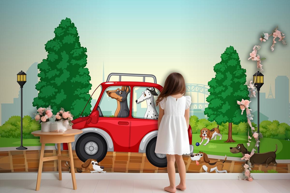 Dogs Driving And Running In The Park Wallpaper Mural