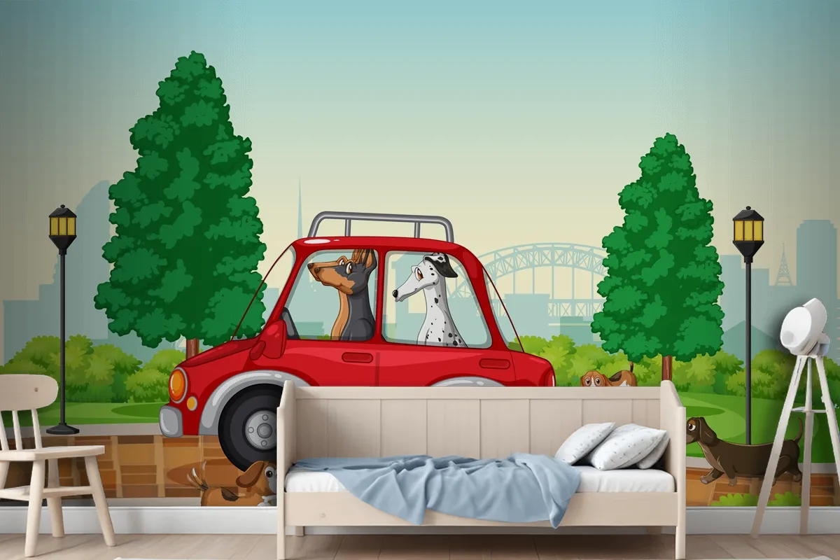 Dogs Driving And Running In The Park Wallpaper Mural