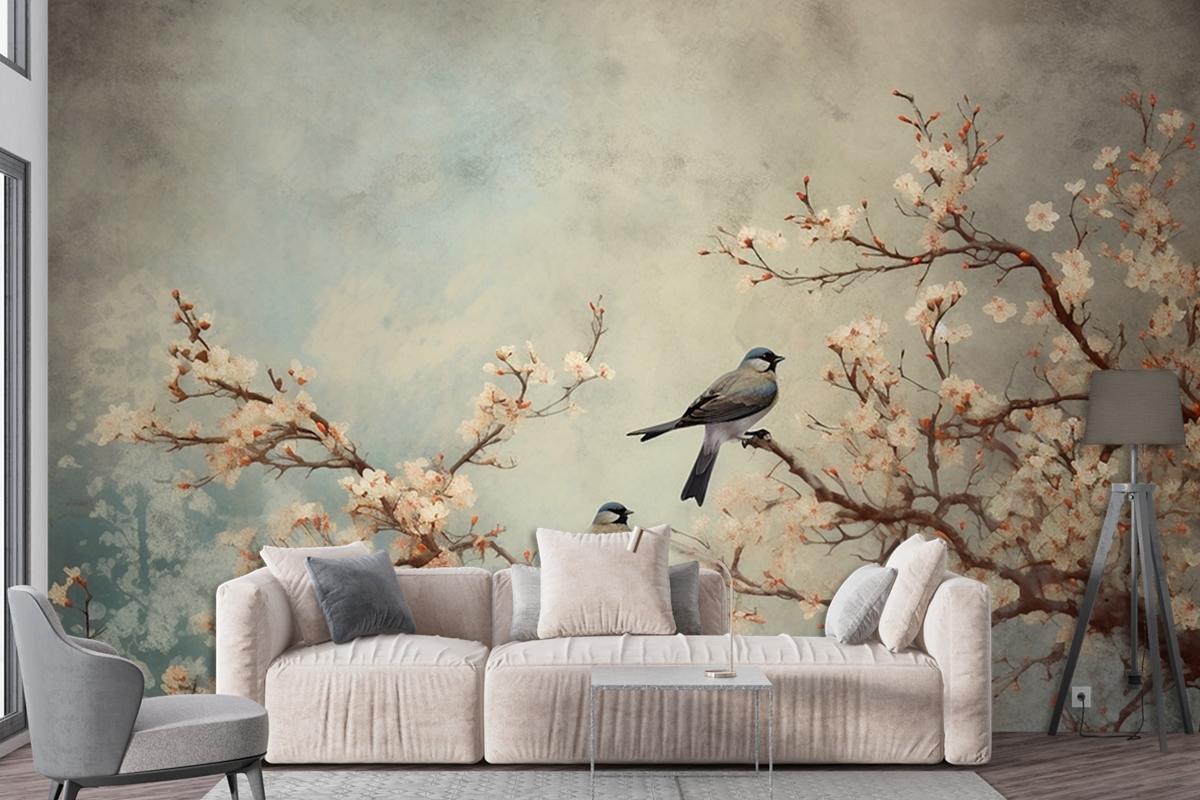 Flowers Branches Birds Golden Brushstrokes Wallpaper Mural