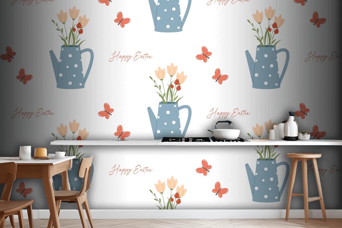 Easter Seamless Pattern Watering Can Butterfly And Lettering Wallpaper Mural