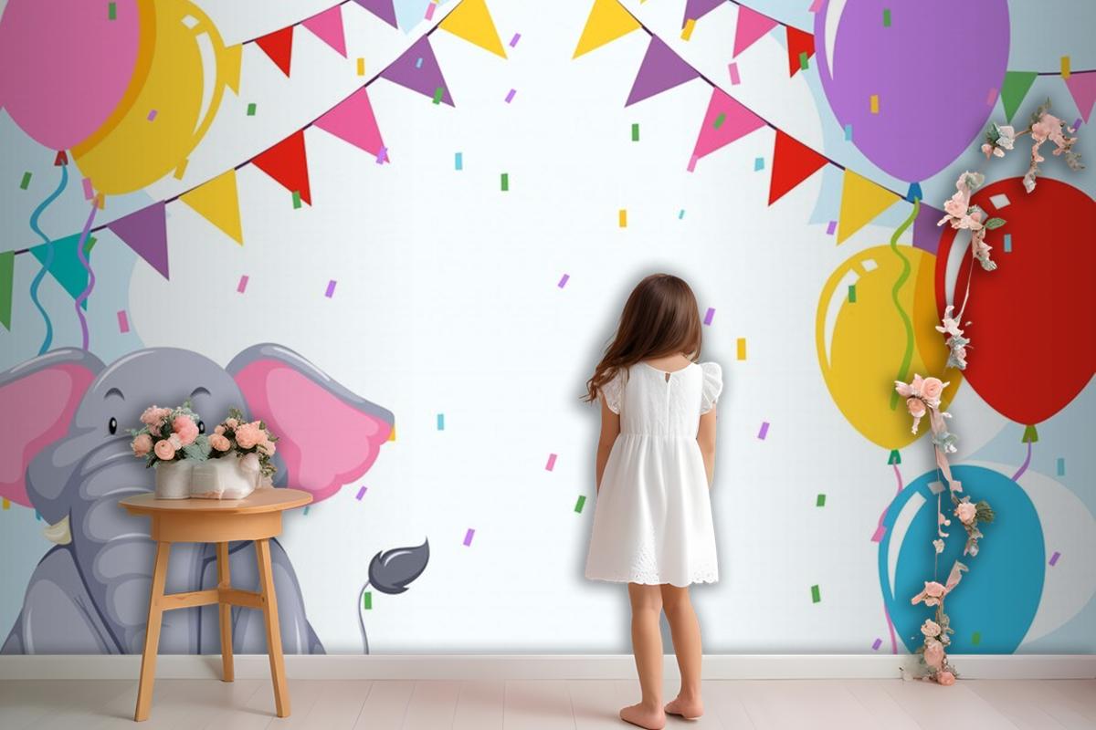 Elepehant On Birthday Template Wallpaper Mural