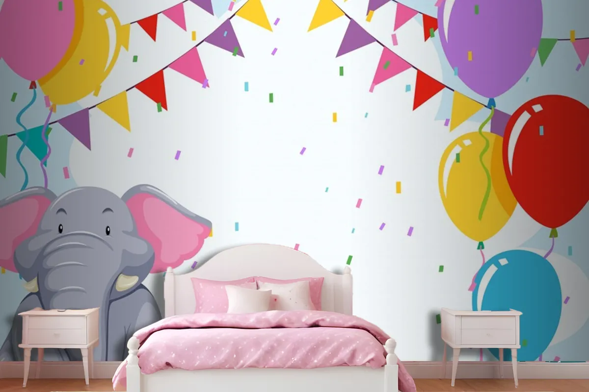 Elepehant On Birthday Template Wallpaper Mural