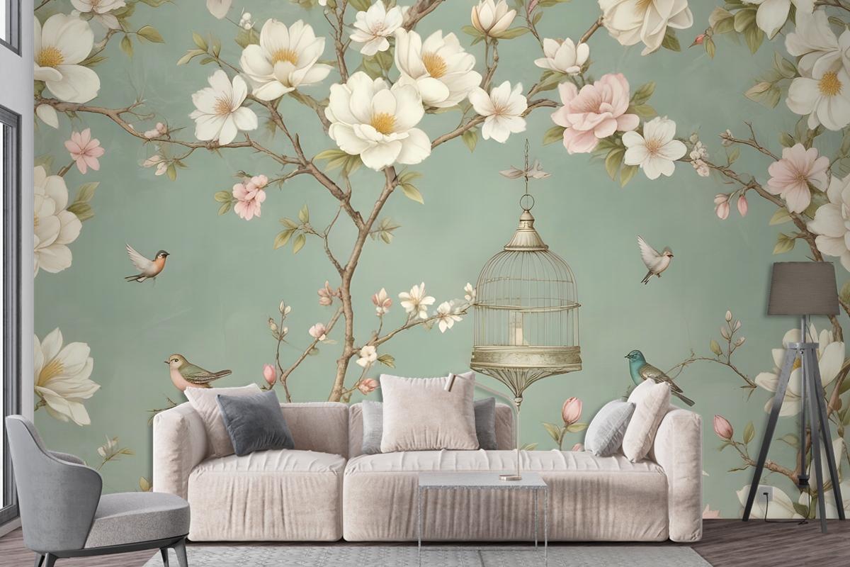 English Country Style With Branches And Flowers And Birds Wallpaper Mural