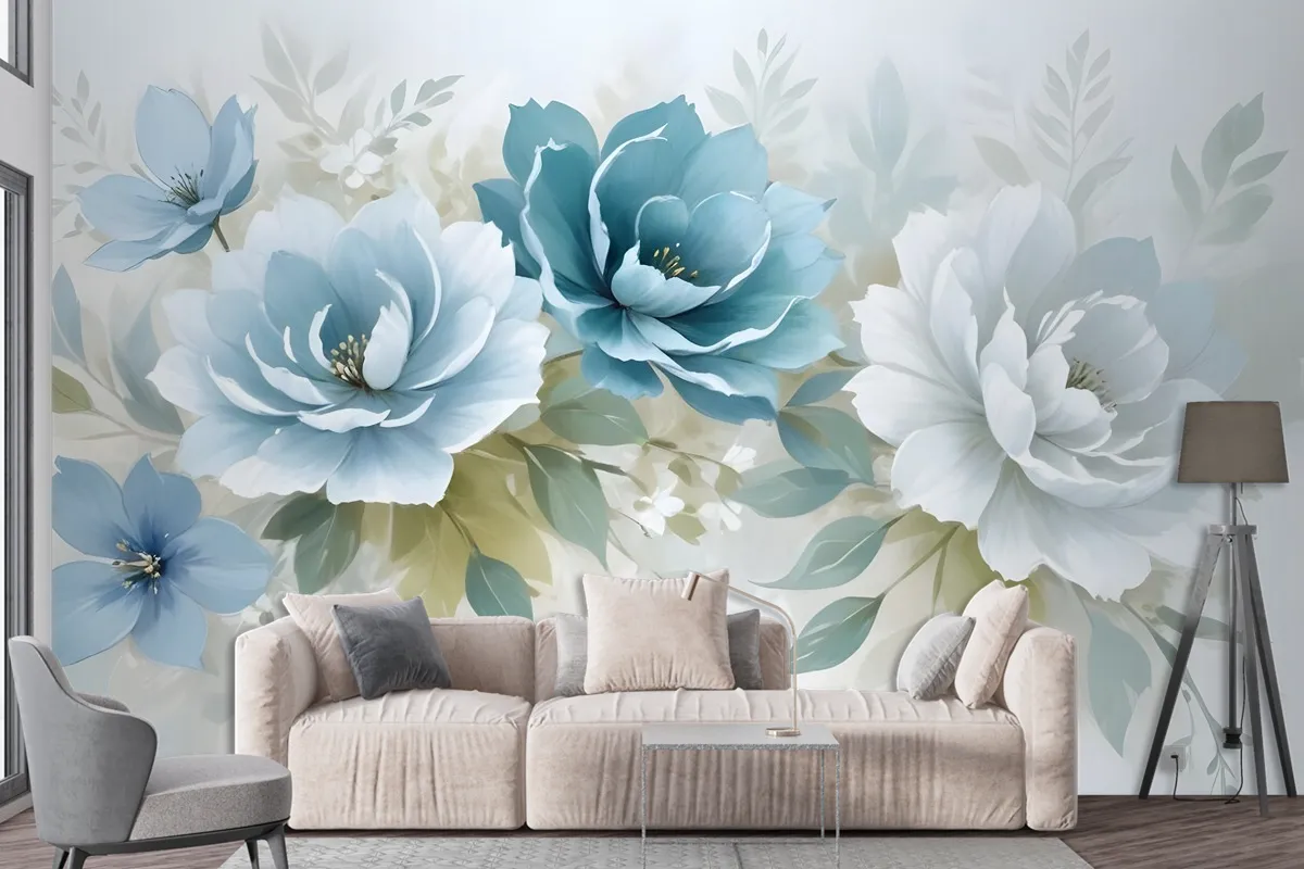 European Style 3D Look Blue Green Floral Wallpaper Mural