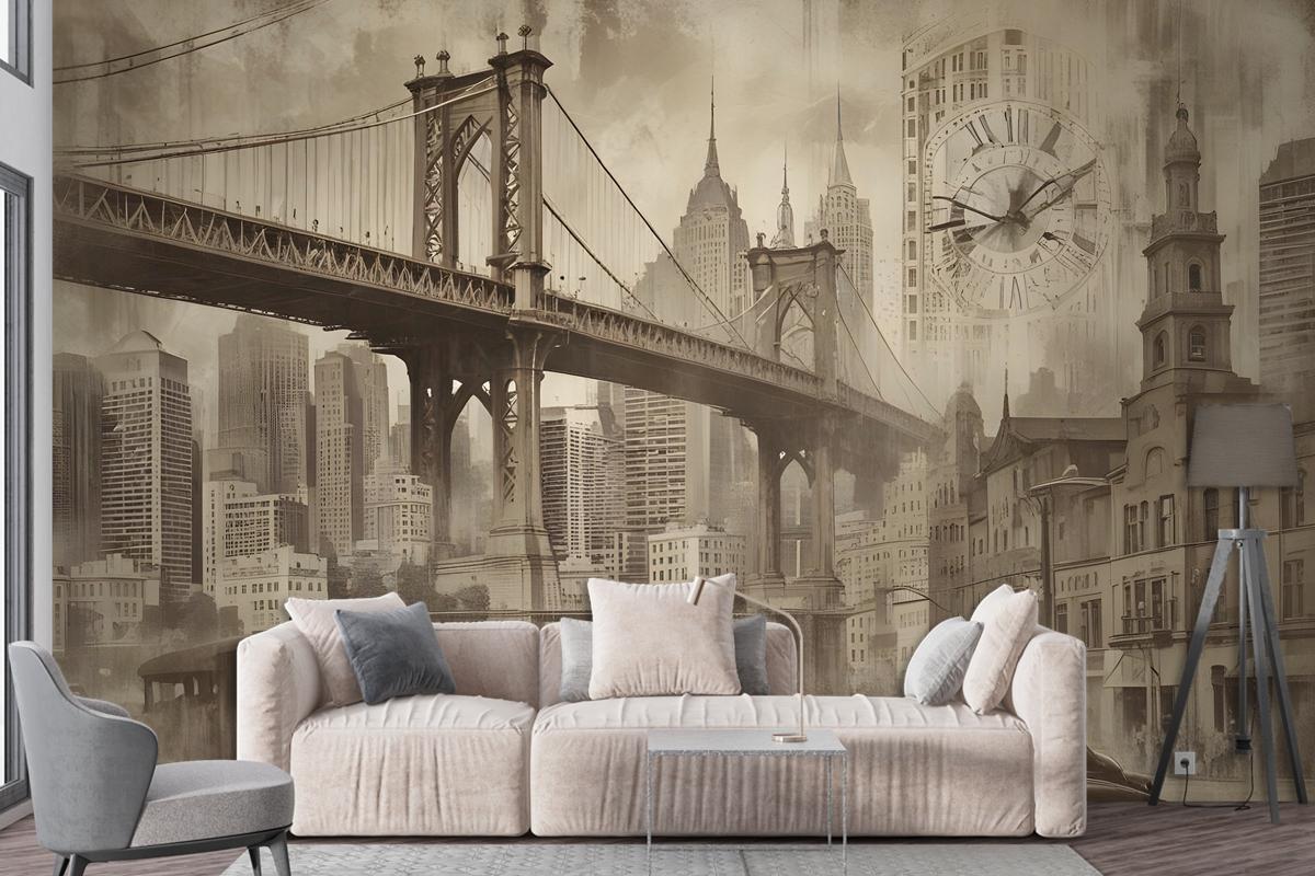 European Vintage City With Brooklyn Bridge Wallpaper Mural