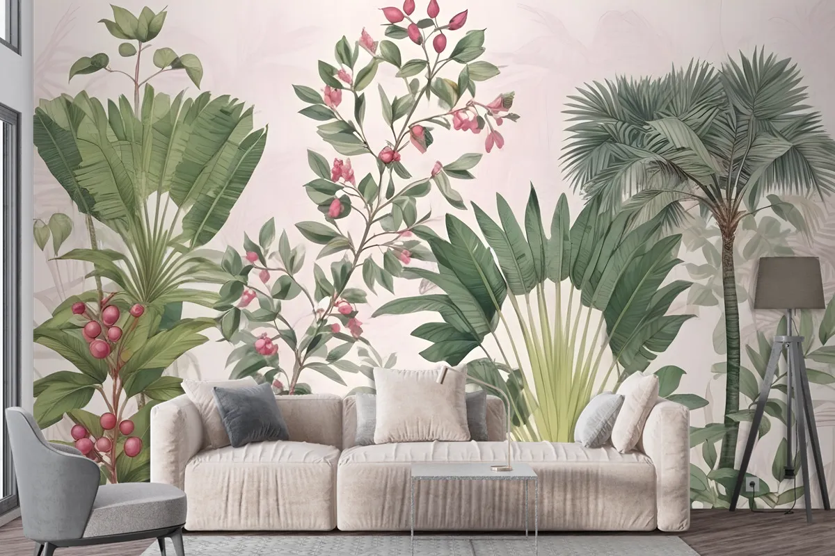 Exotic Leafs With Berries Wallpaper Mural