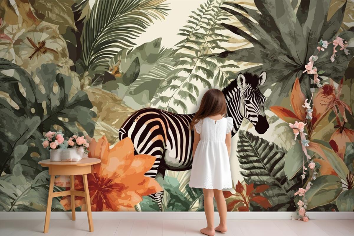 Exotic Zebra Tales Artistic Vintage Jungle Collage Pattern Seamless Wallpaper Mural