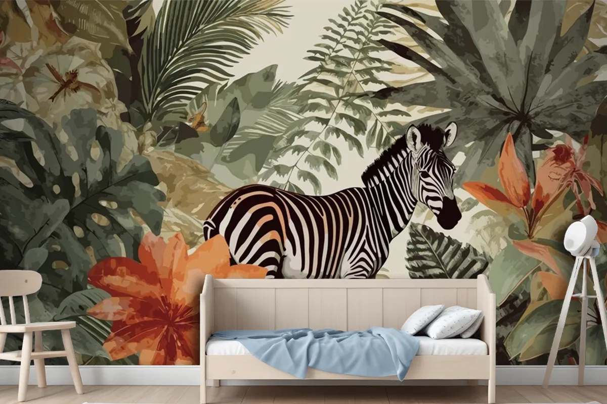 Exotic Zebra Tales Artistic Vintage Jungle Collage Pattern Seamless Wallpaper Mural