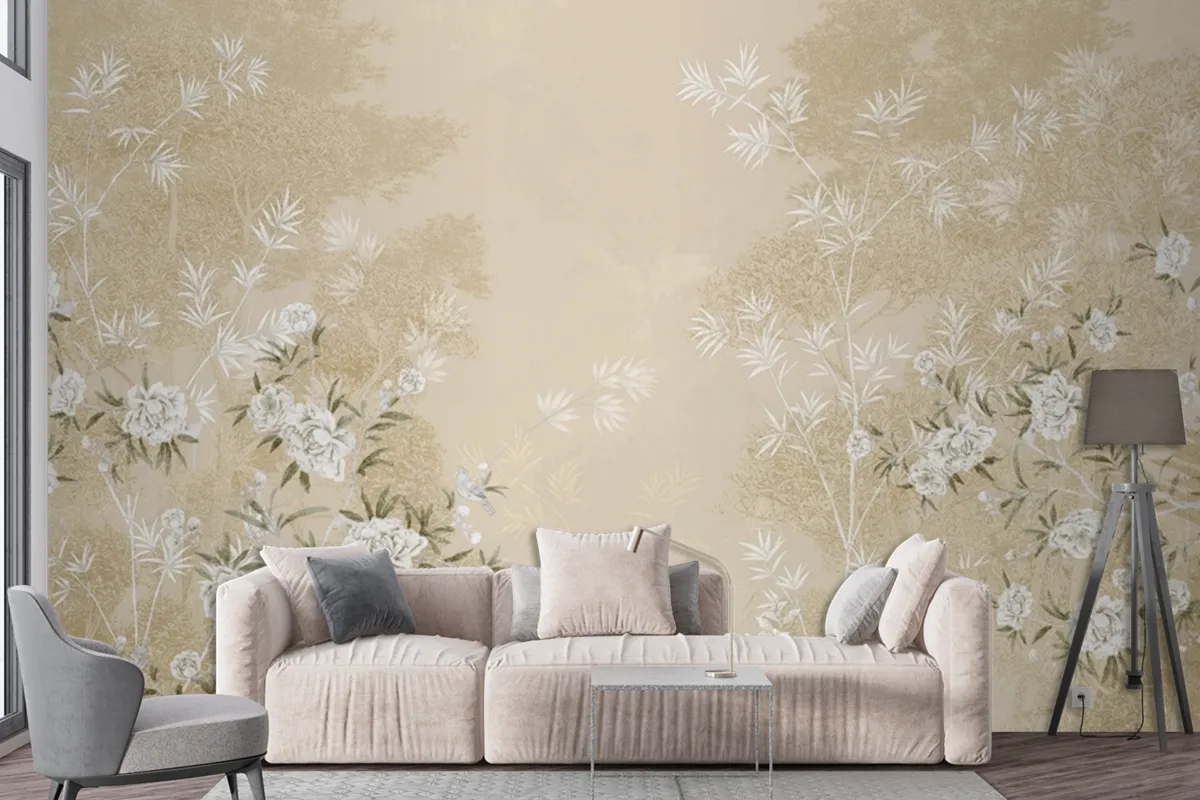 Chinoiserie With Cherry Blossom Flowers And Bird Wallpaper Mural