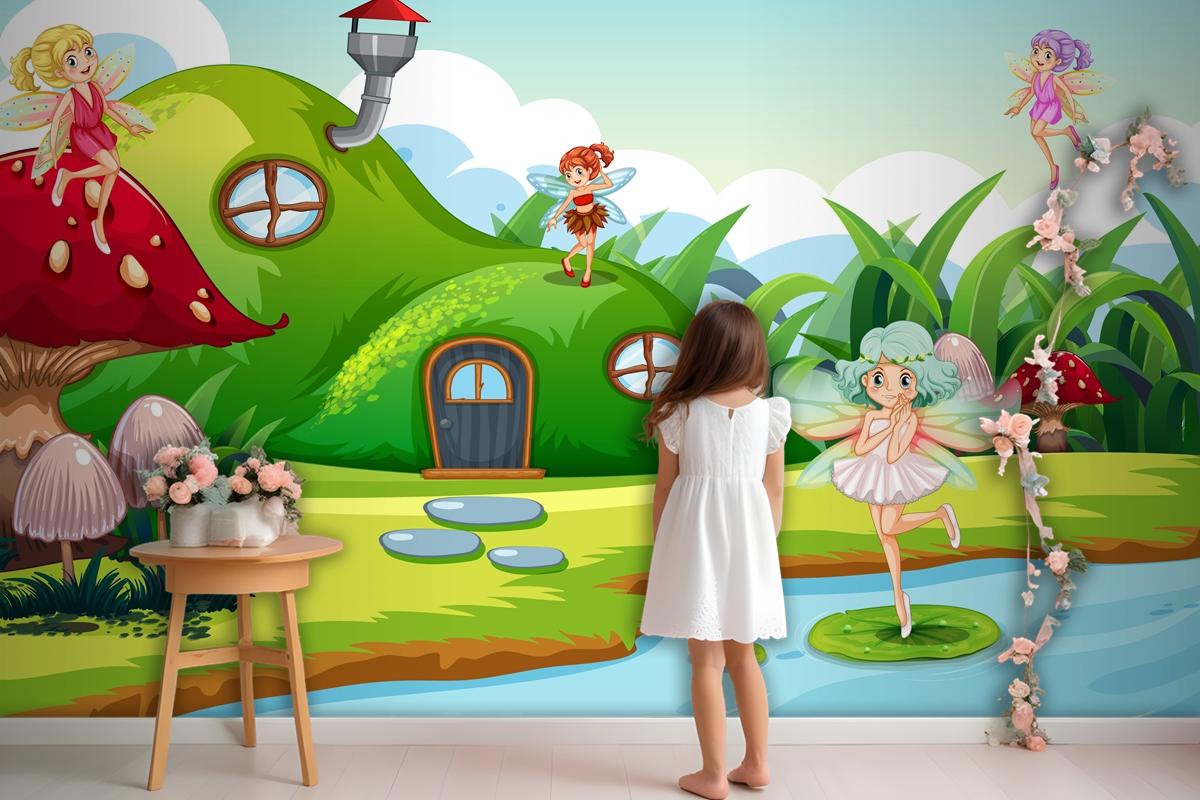 Fantasy Fairys In Green Scene Wallpaper Mural