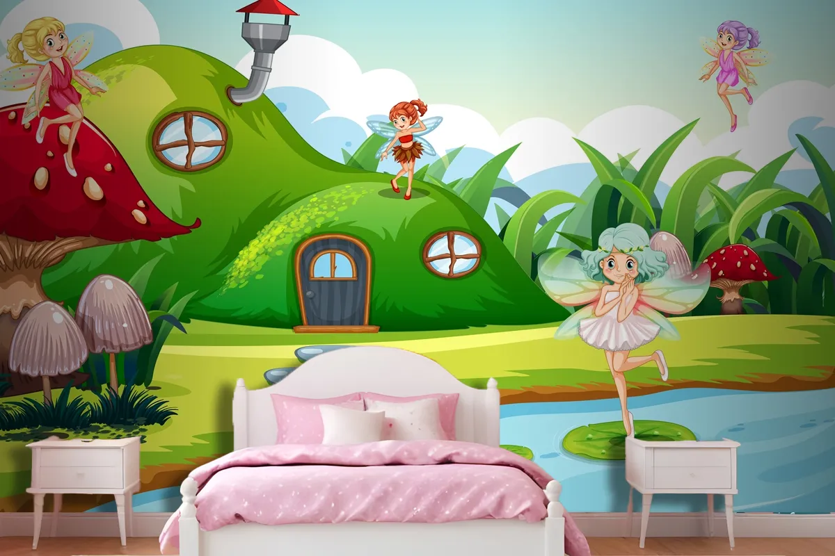 Fantasy Fairys In Green Scene Wallpaper Mural