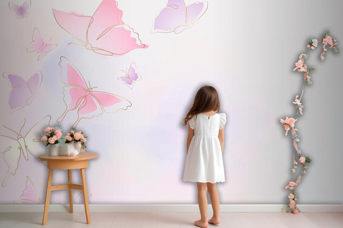 Feminine Butterfly Background Pink Border Wallpaper Mural