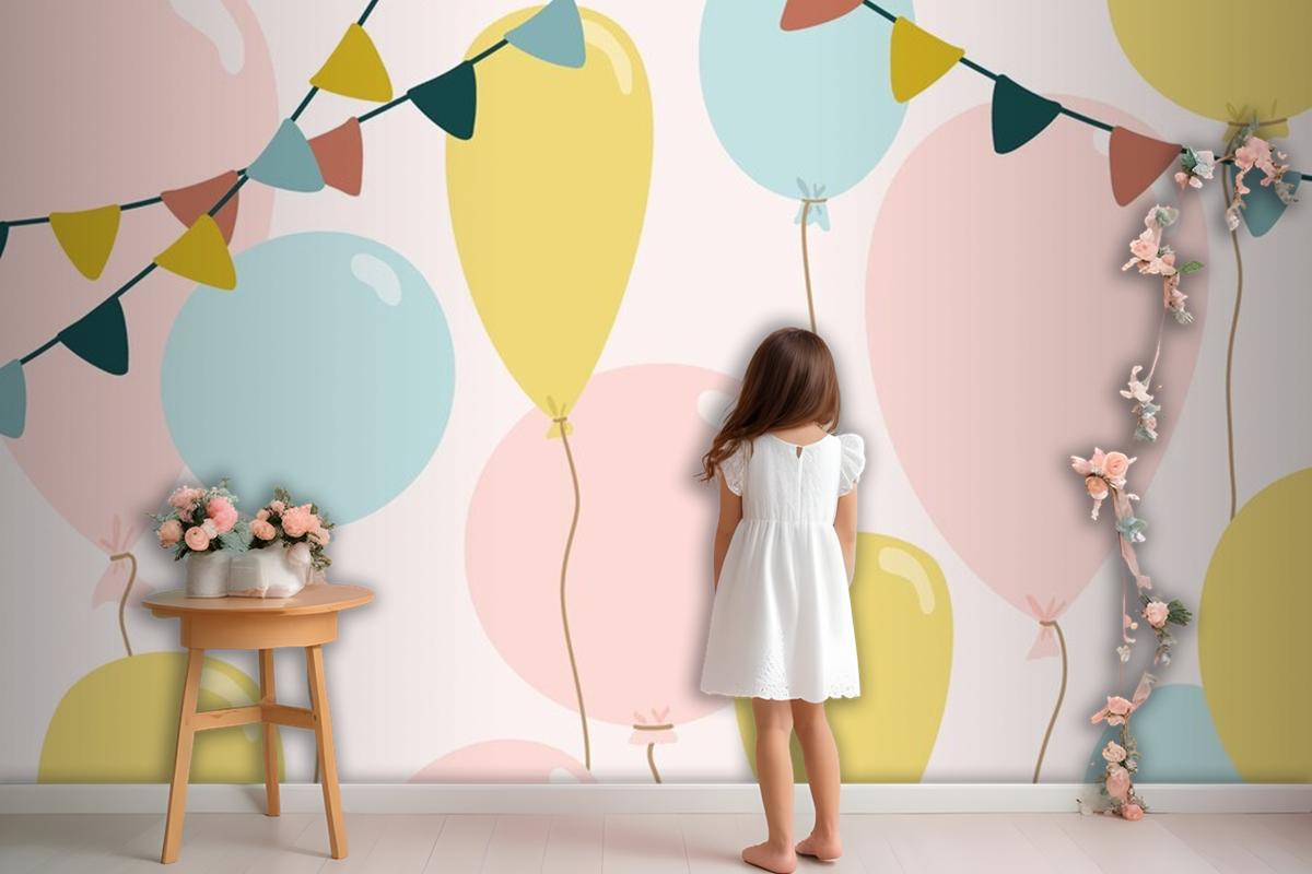 Festive Background With Blue Pink And Yellow Balloons Wallpaper Mural