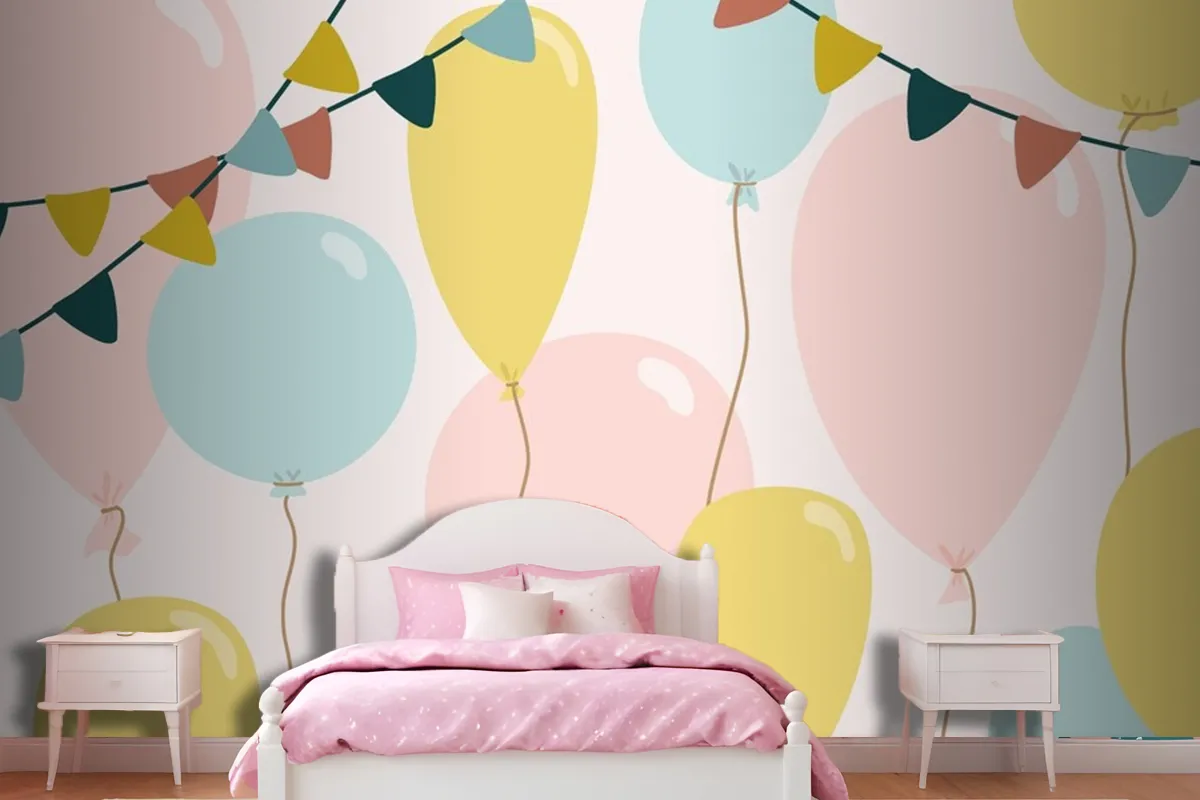 Festive Background With Blue Pink And Yellow Balloons Wallpaper Mural