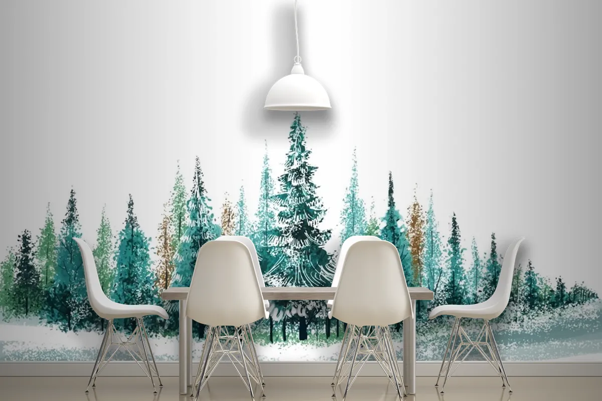 Festive Winter Landscape Christmas Trees Beautiful Holiday Card Wallpaper Mural