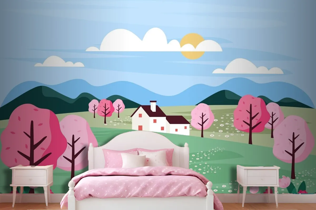 Flat Design Spring Landscape Wallpaper Mural