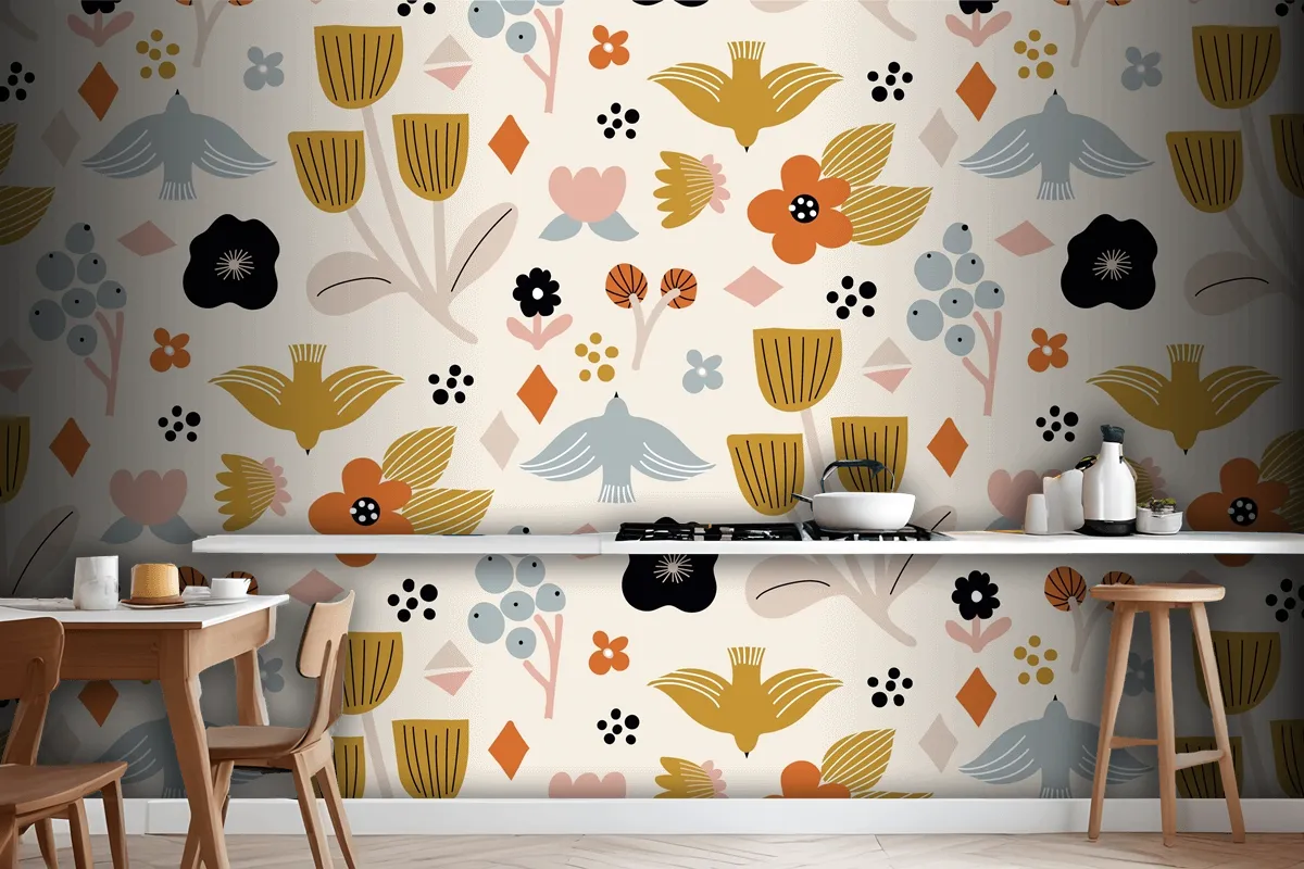 Flat Scandinavian Design Pattern Kitchen Wallpaper Mural