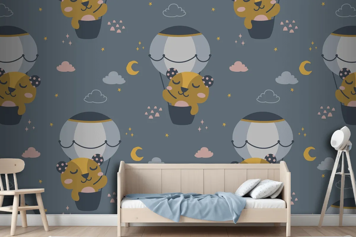 Fliying Cute Bear Scandinavian Pattern Wallpaper Mural