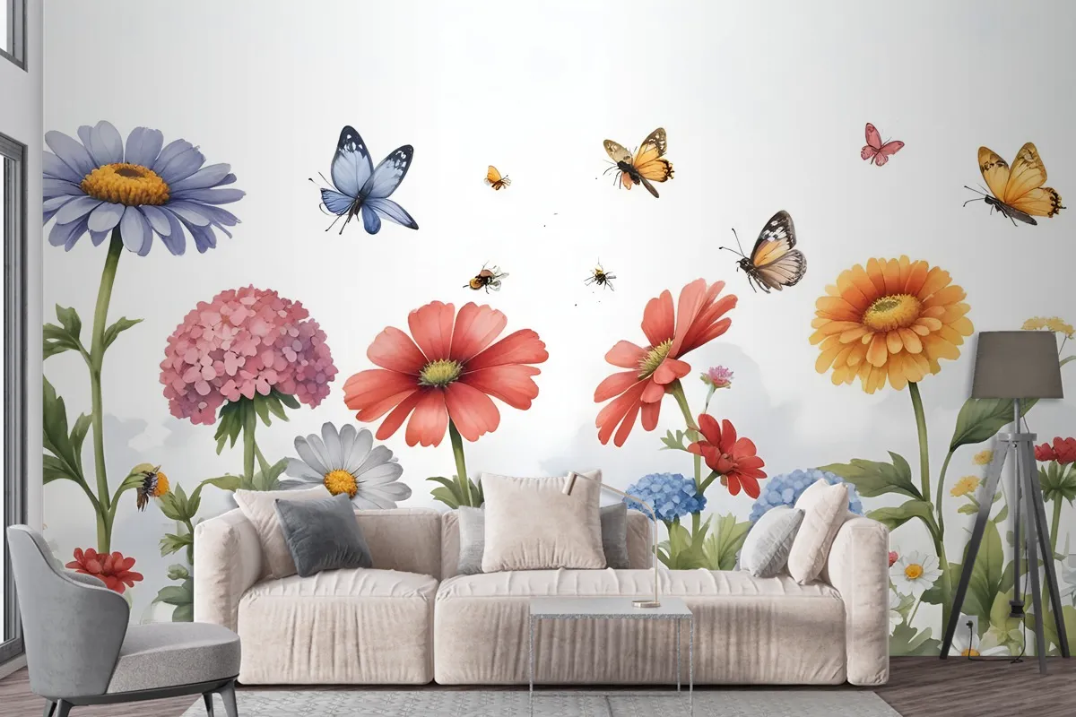 Floral Gardens With Butterflies Wallpaper Mural