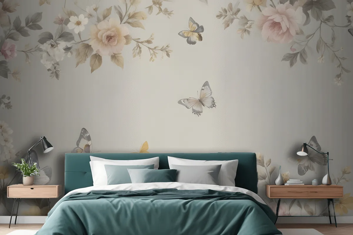 Floral Wallpaper Pattern With Delicate Butterflies Mural