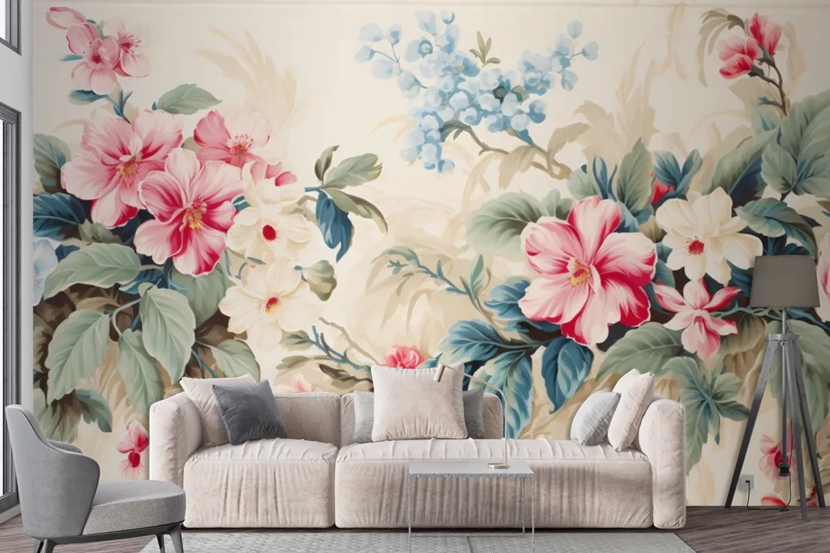 A Floral With Tropical Flowers And Leaves Wallpaper Mural