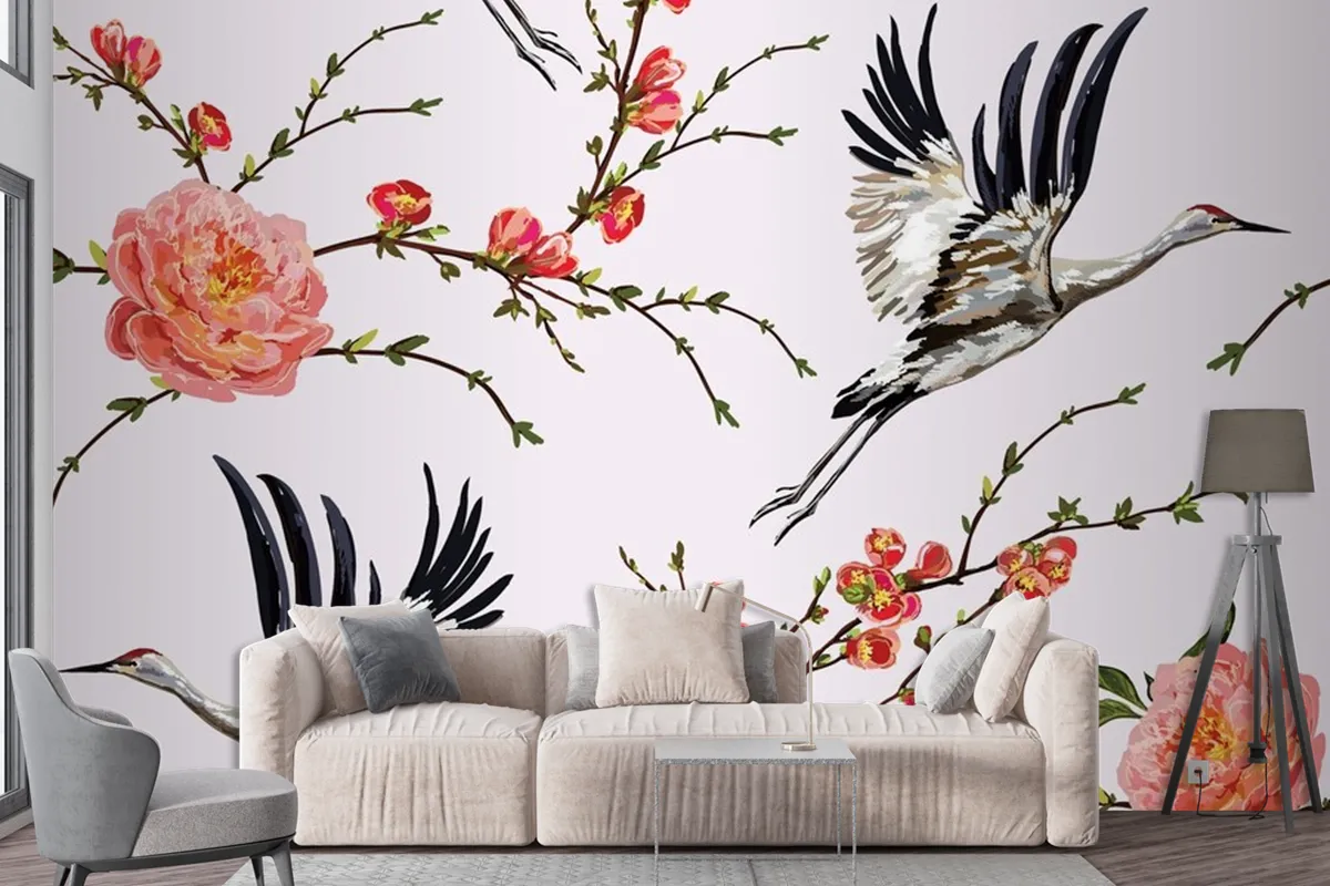 Flowers And Plants Flowers And Birds Seamless Print Pattern Wallpaper Mural