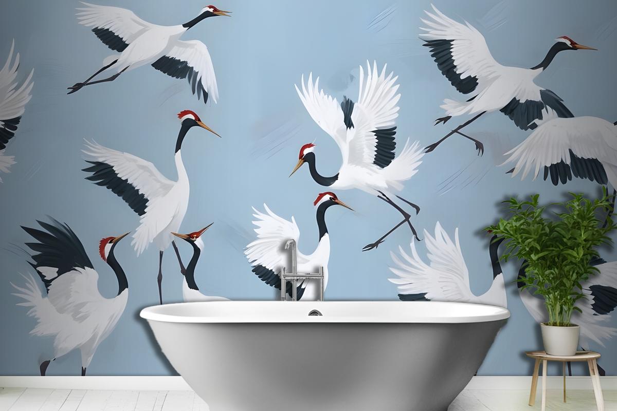 Flying Japanese Cranes Blue Painted Wallpaper Mural