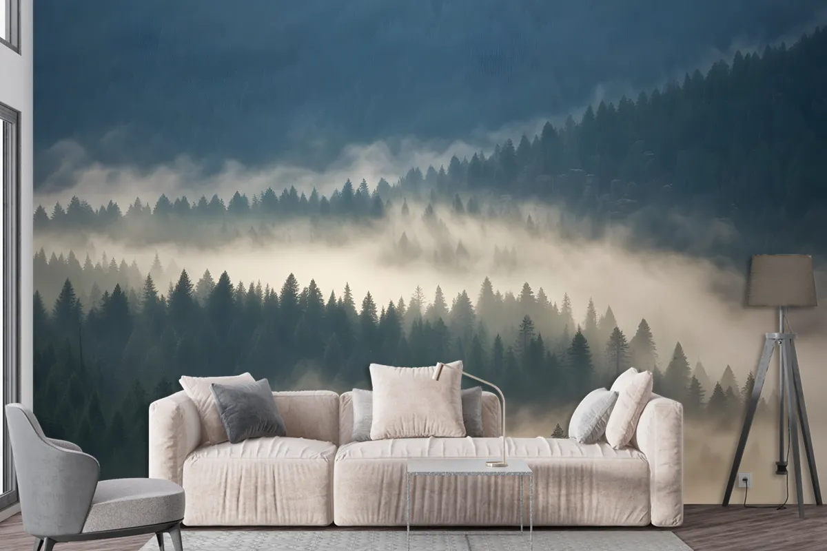 Foggy Pine Woods Landscape Wallpaper Mural