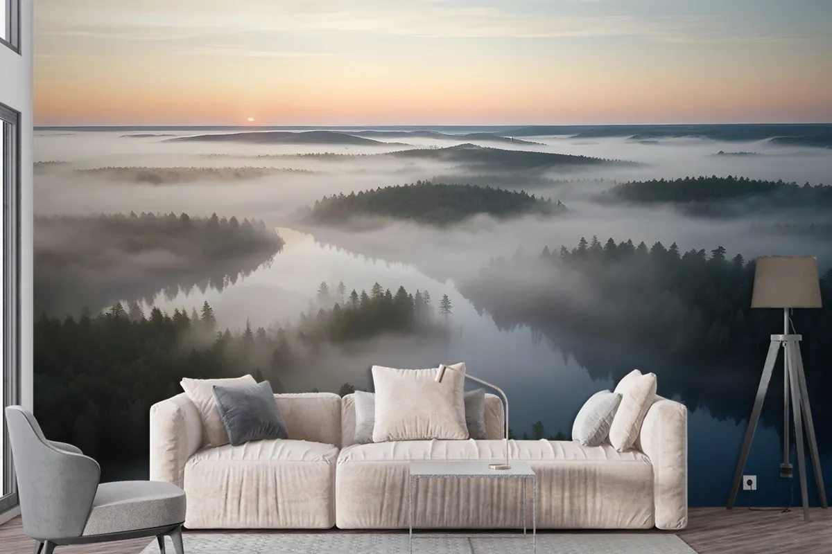 Foggy Rive Forest Landscape Wallpaper Mural