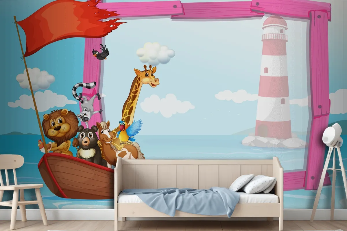 Frame With Wild Animals In The Boat Wallpaper Mural