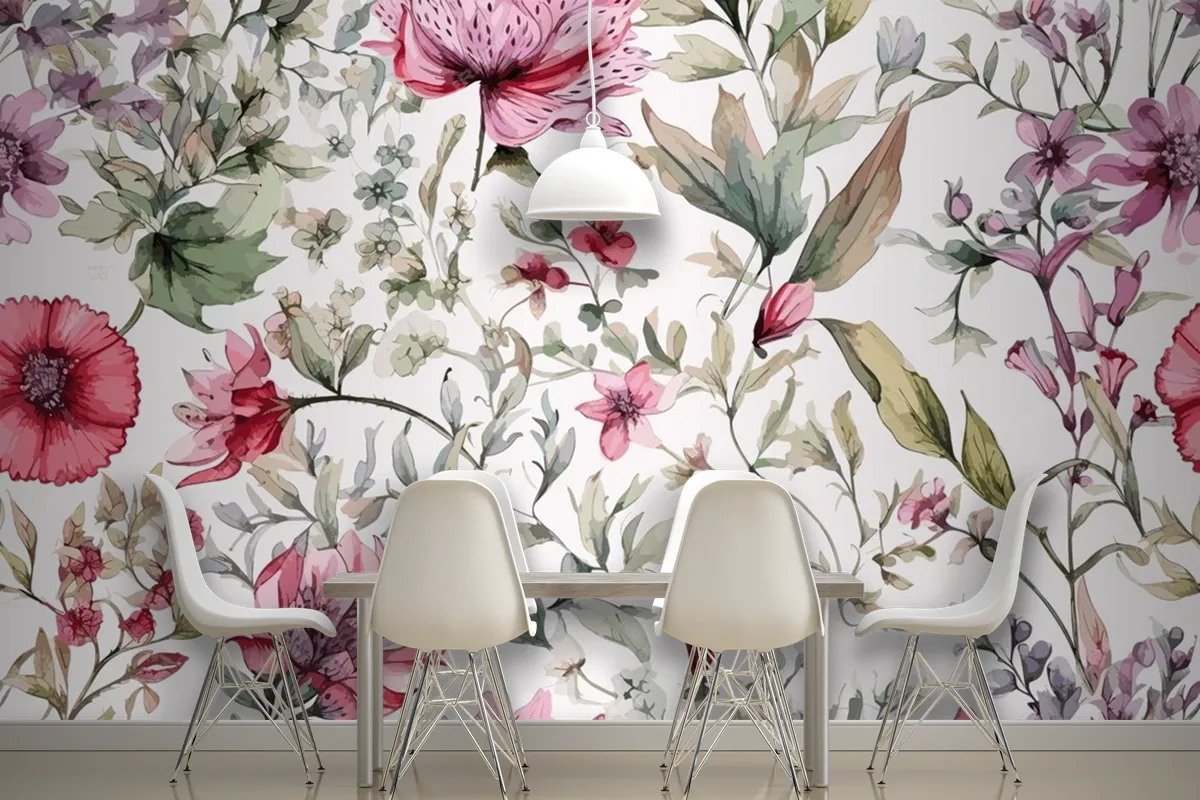 Colourful Floral Background With Leaves Wallpaper Mural