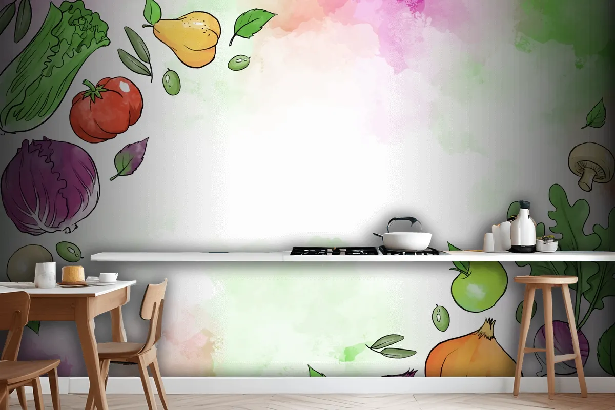 Fruit And Vegetables Hand Drawn Wallpaper Mural