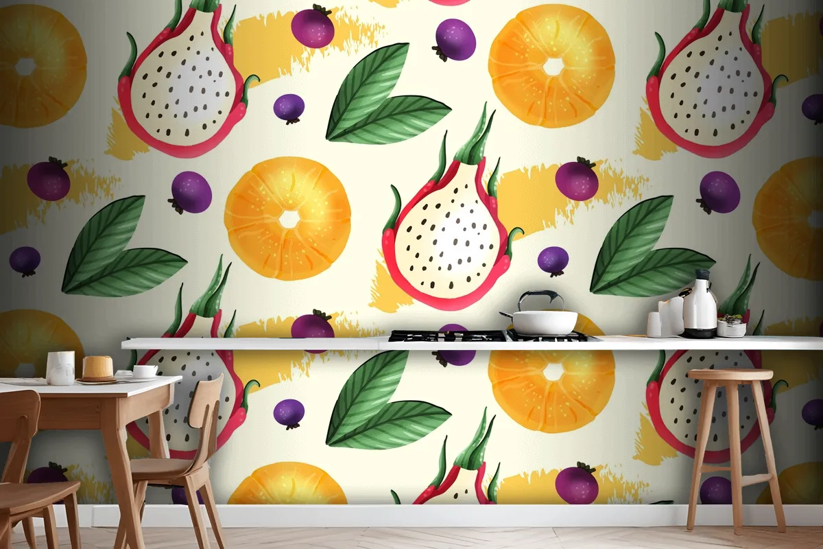 Fruits Pattern With Dragon Fruit Kitchen Wallpaper Mural