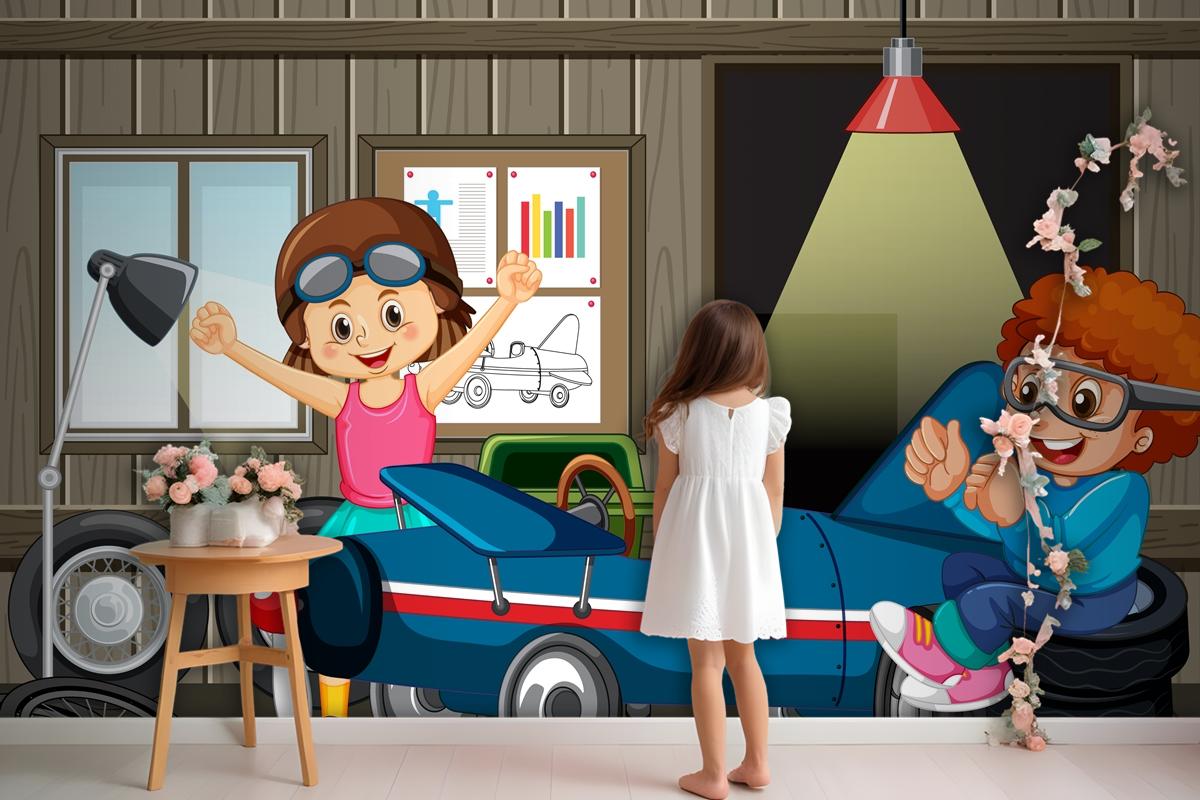 Garage Scene With Children Fixing A Car Together Wallpaper Mural